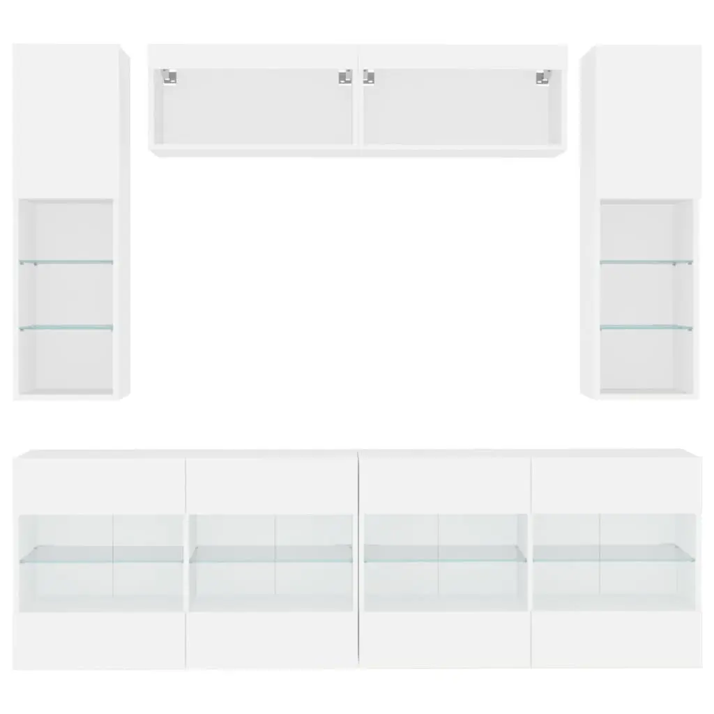6 Piece White Wall-Mounted TV Cabinet Set with Storage Shelves and RGB LED Lighting