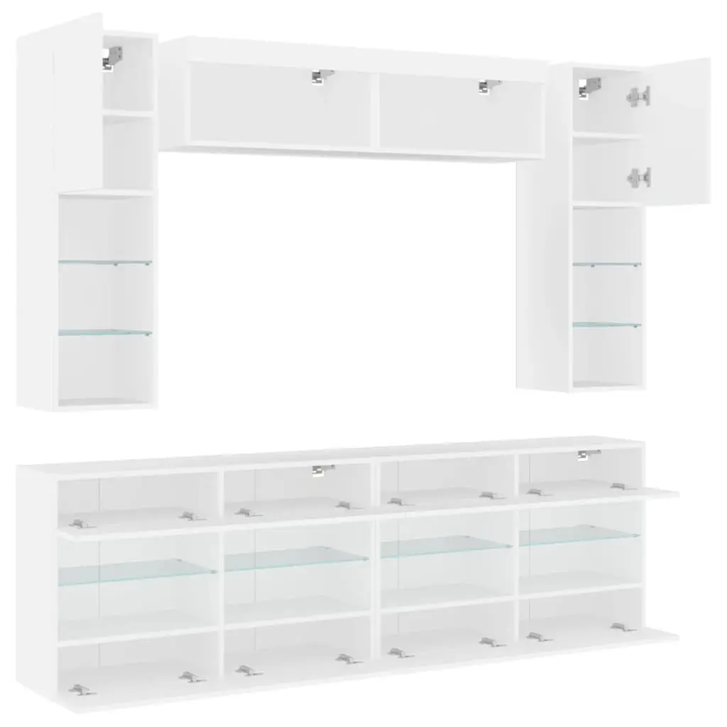 6 Piece White Wall-Mounted TV Cabinet Set with Storage Shelves and RGB LED Lighting