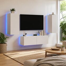 TV Wall Cabinets 3 Piece White Floating Storage Units with RGB LED Lights