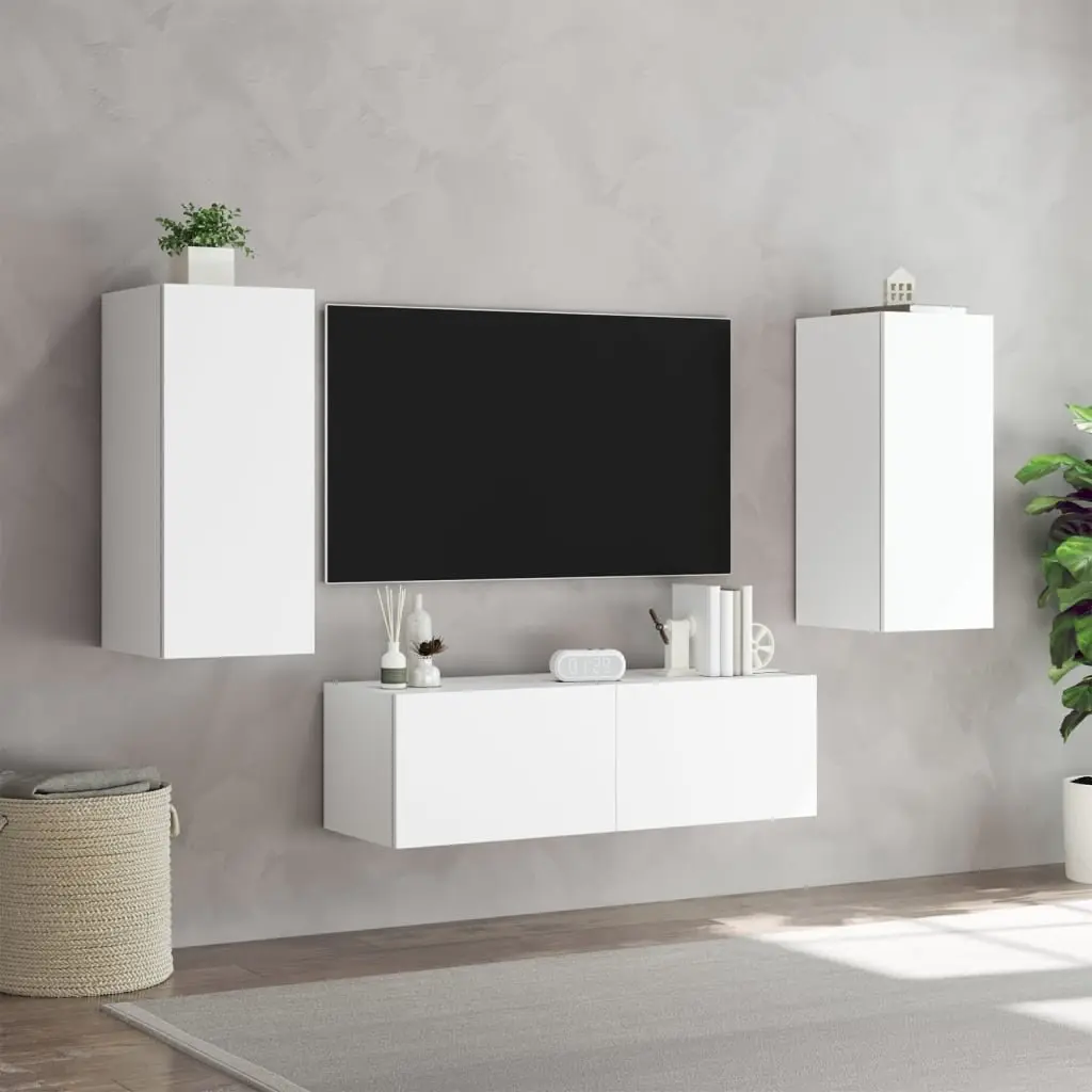 TV Wall Cabinets 3 Piece Floating Storage Units White with RGB LED Lights