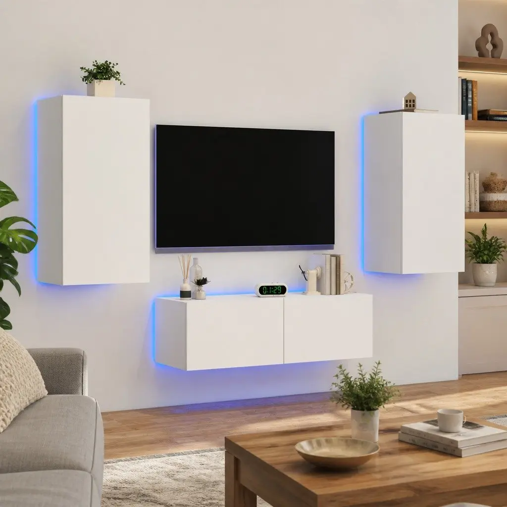 3 Piece White TV Wall Cabinets RGB LED Lights Floating Storage Units