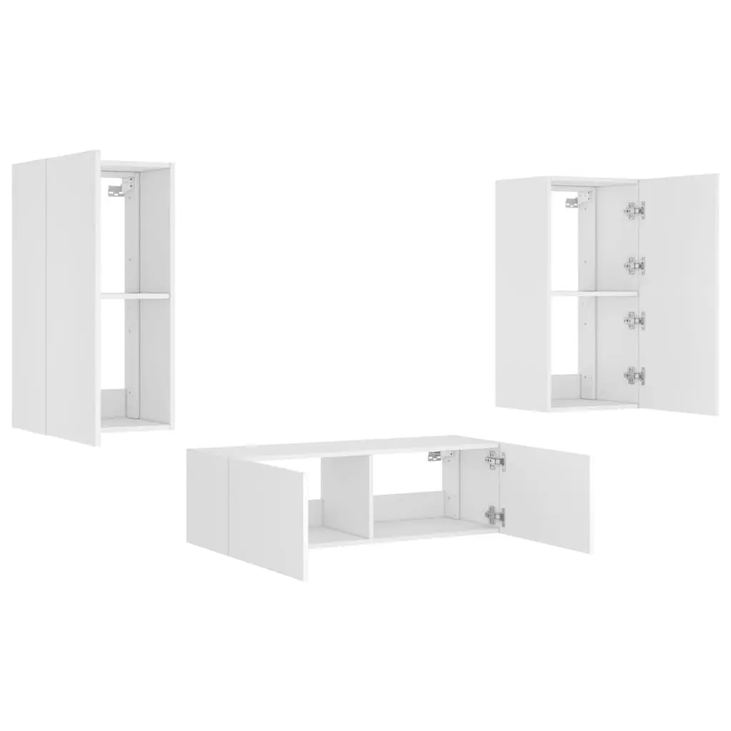 3 Piece White TV Wall Cabinets RGB LED Lights Floating Storage Units