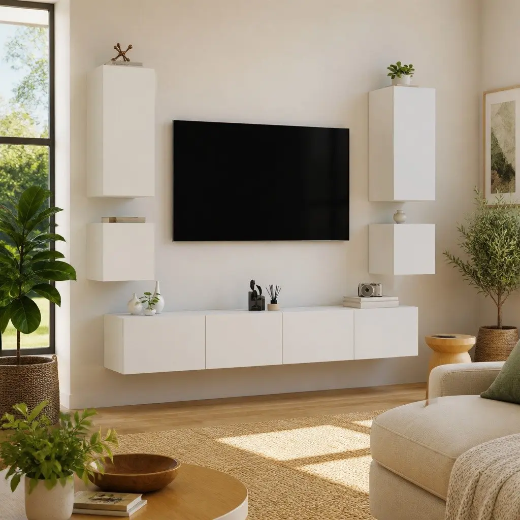 6 Piece White TV Wall Cabinets RGB LED Lights Floating Storage Units