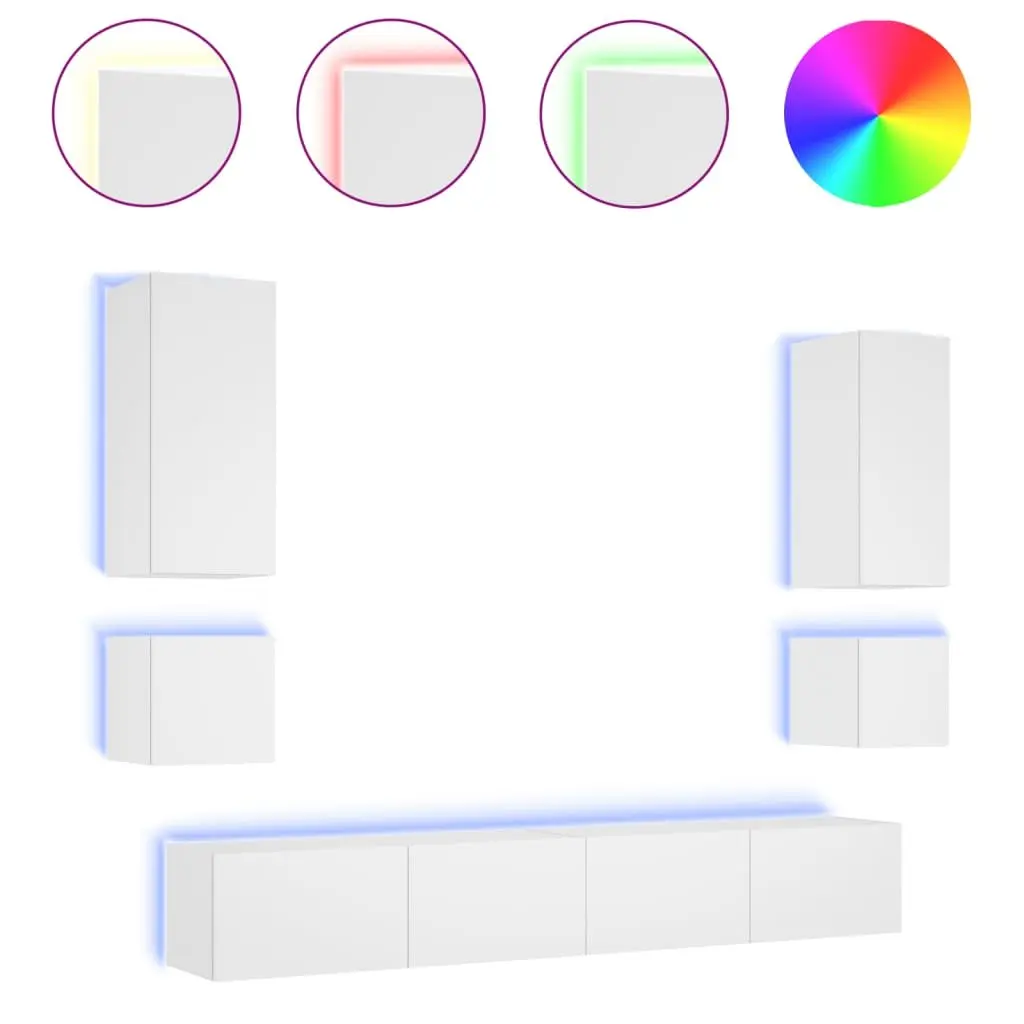 6 Piece White TV Wall Cabinets RGB LED Lights Floating Storage Units