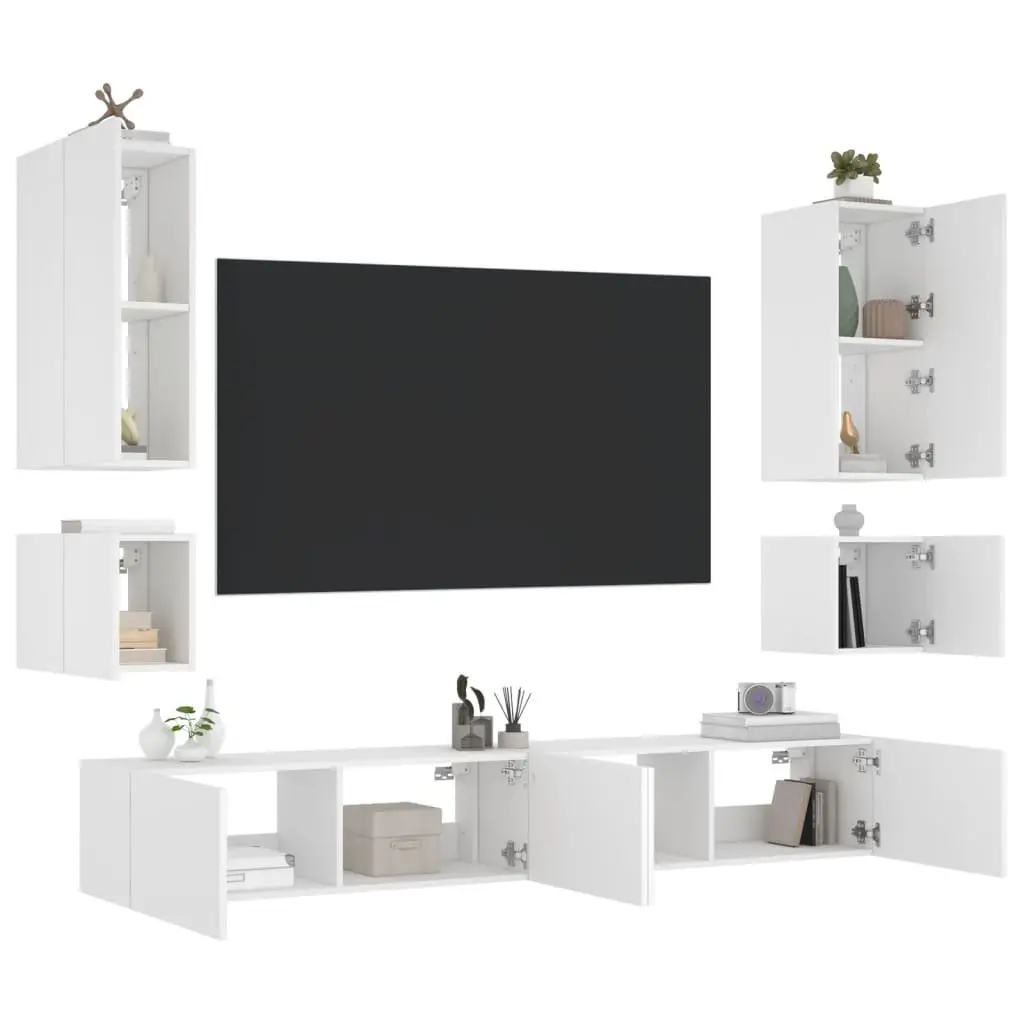 6 Piece White TV Wall Cabinets RGB LED Lights Floating Storage Units