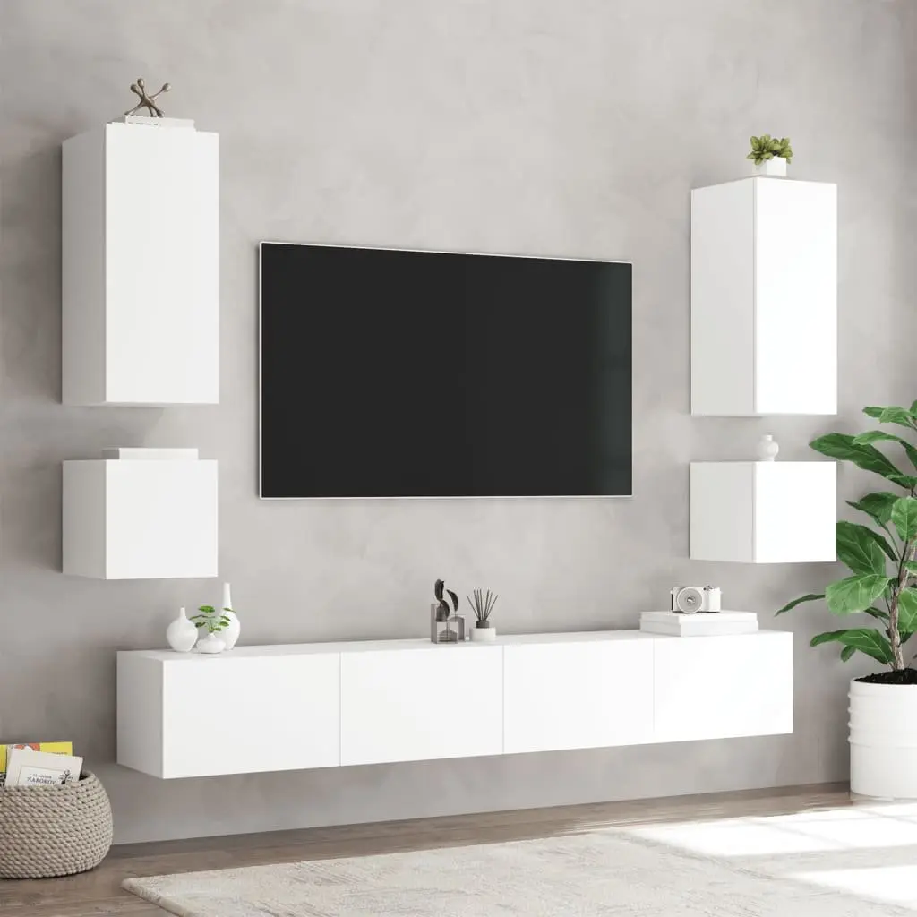 6 Piece White TV Wall Cabinets RGB LED Lights Floating Storage Units