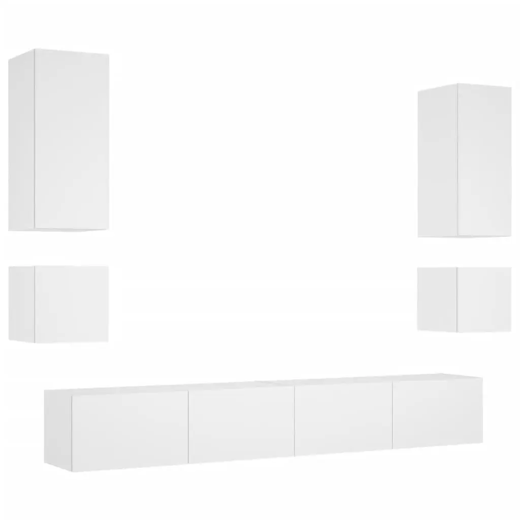 6 Piece White TV Wall Cabinets RGB LED Lights Floating Storage Units