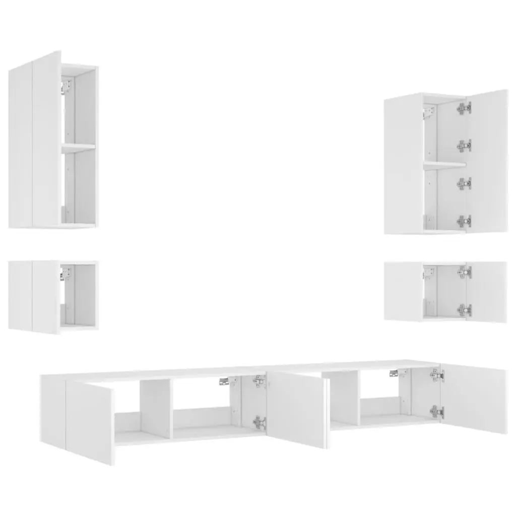 6 Piece White TV Wall Cabinets RGB LED Lights Floating Storage Units