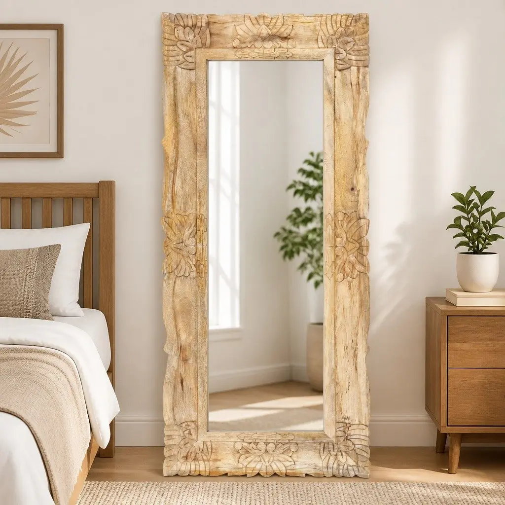 Solid Mango Wood Mirror 110x50 cm Brown Wall Mounted Home Decor Hand-Carved