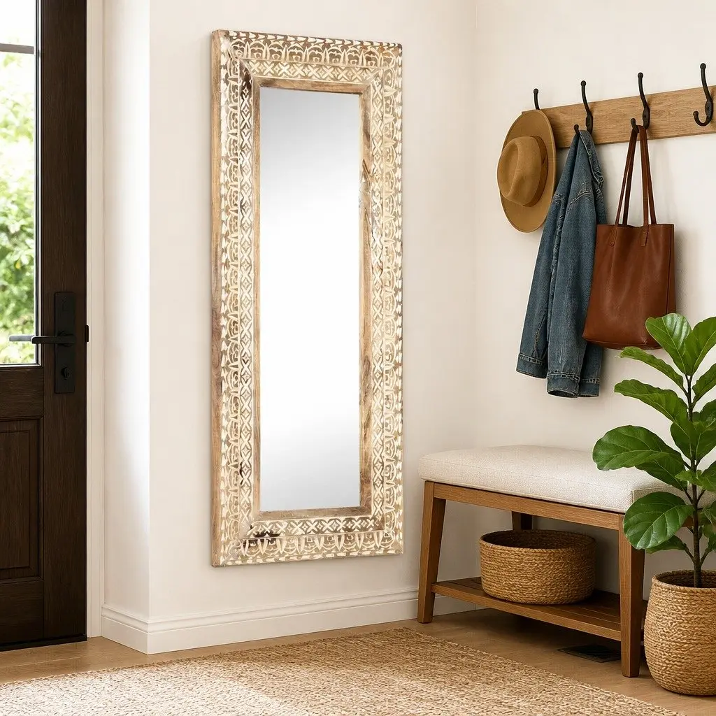Hand-Carved Wooden Mirror Decorative Wall Decor 110x50cm Brown Solid Wood