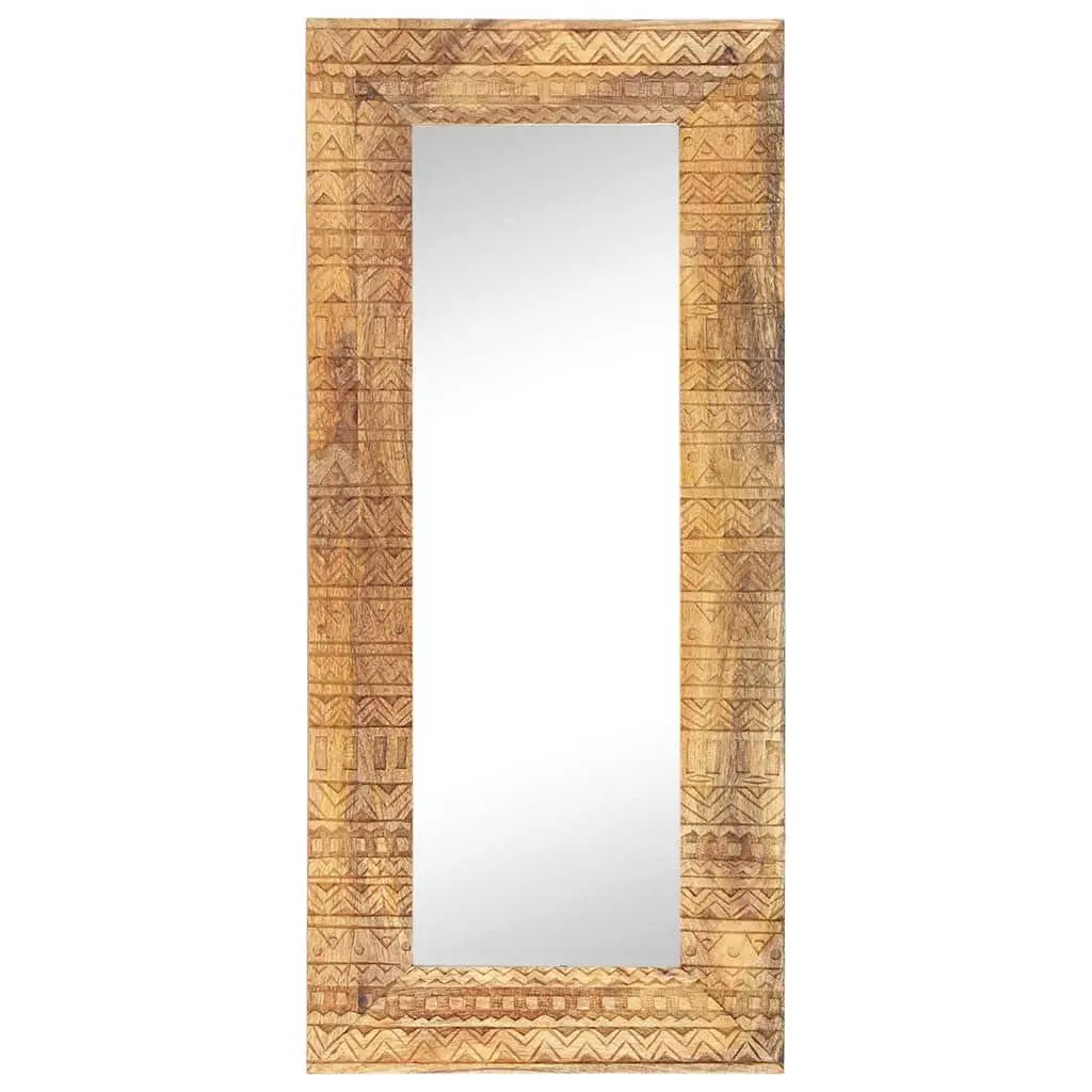 Hand-Carved Wooden Mirror 110x50cm Brown Solid Wood Wall Decor Home Accent