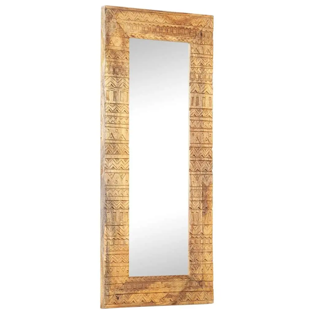 Hand-Carved Wooden Mirror 110x50cm Brown Solid Wood Wall Decor Home Accent