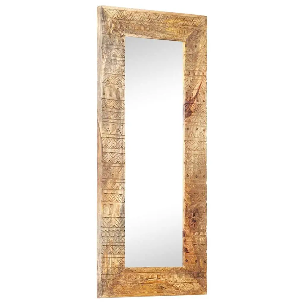 Hand-Carved Wooden Mirror 110x50cm Brown Solid Wood Wall Decor Home Accent