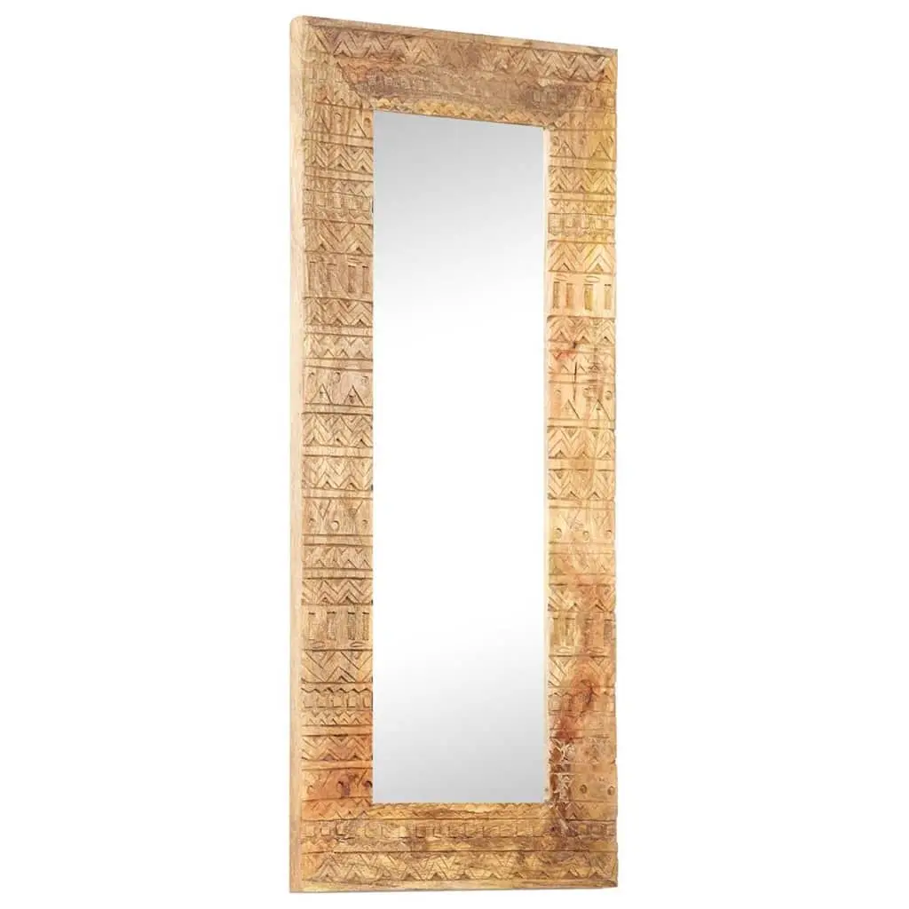 Hand-Carved Wooden Mirror 110x50cm Brown Solid Wood Wall Decor Home Accent