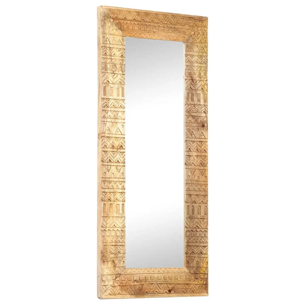 Hand-Carved Wooden Mirror 110x50cm Brown Solid Wood Wall Decor Home Accent