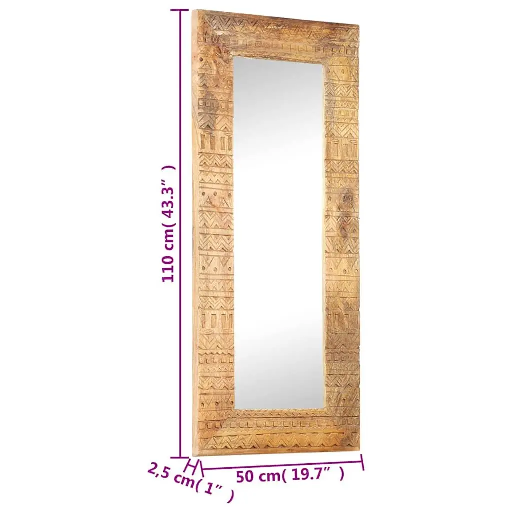 Hand-Carved Wooden Mirror 110x50cm Brown Solid Wood Wall Decor Home Accent