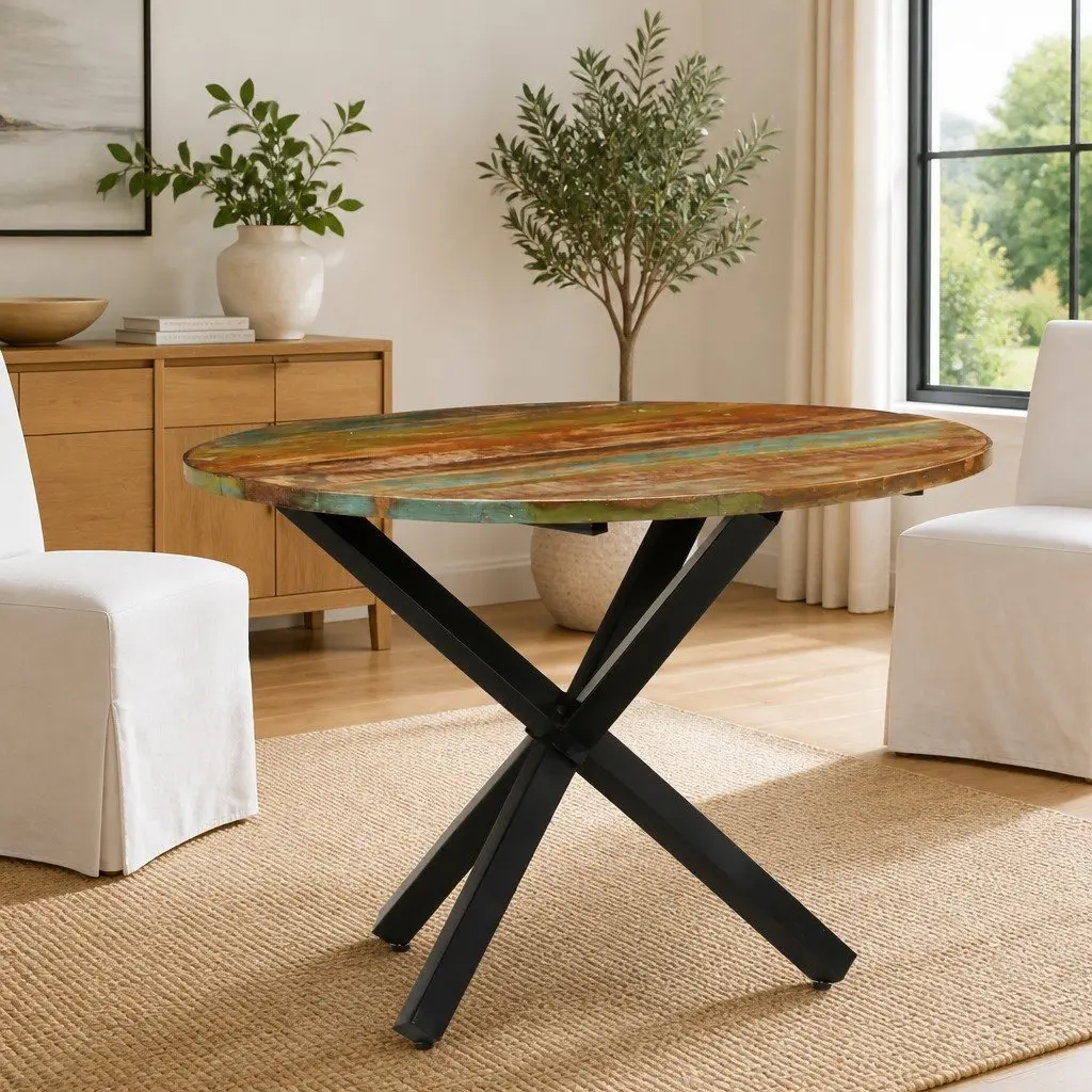 Reclaimed Wood Round Dining Table Brown 100cm Diameter 75cm Height Kitchen Furniture