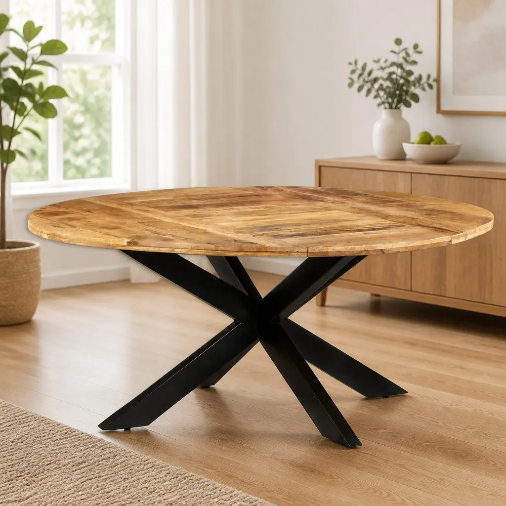 Round Dining Table Kitchen 175cm Brown Rough Mango Wood