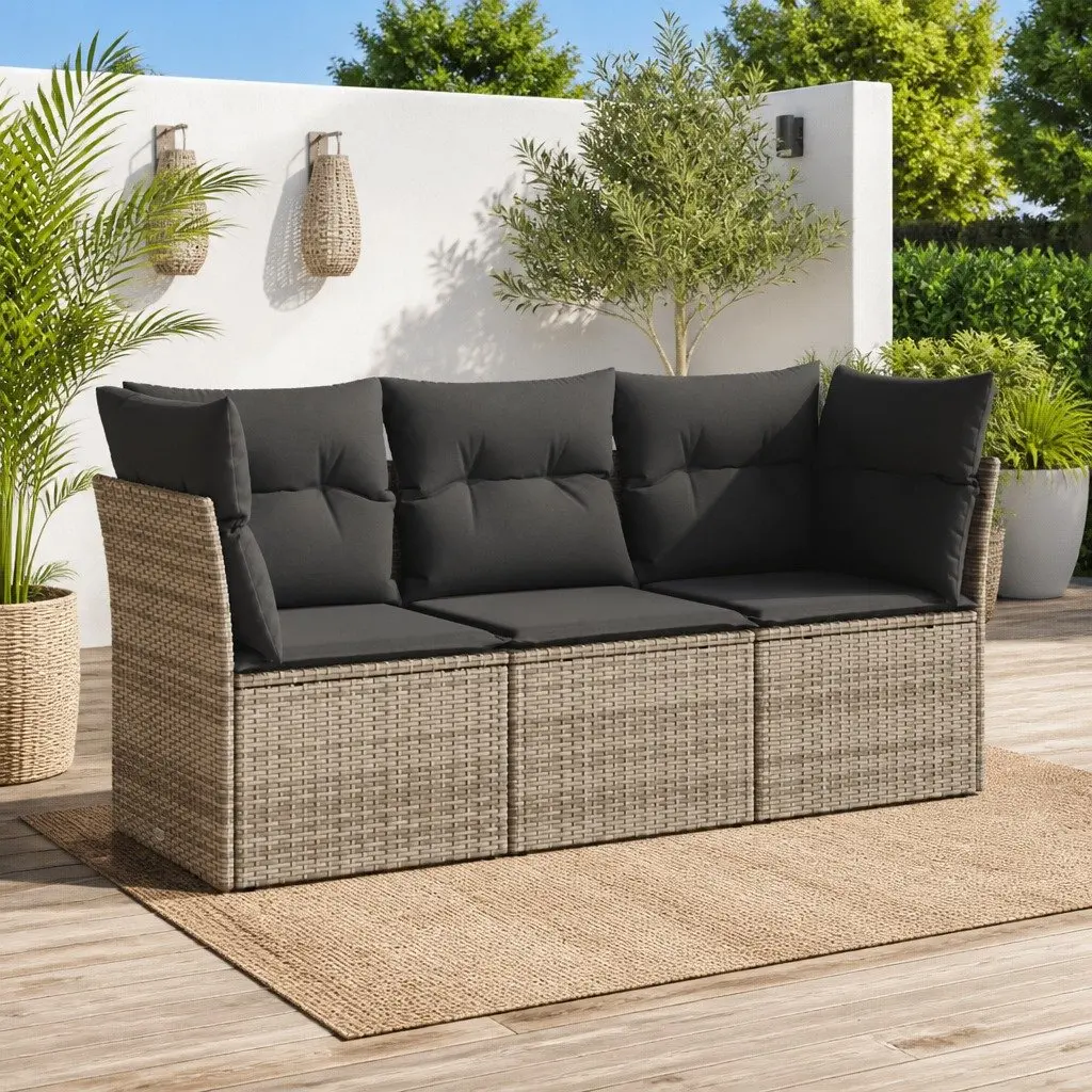 Outdoor Garden Sofa Set 3 Piece Grey Poly Rattan Lounge with Cushions Patio
