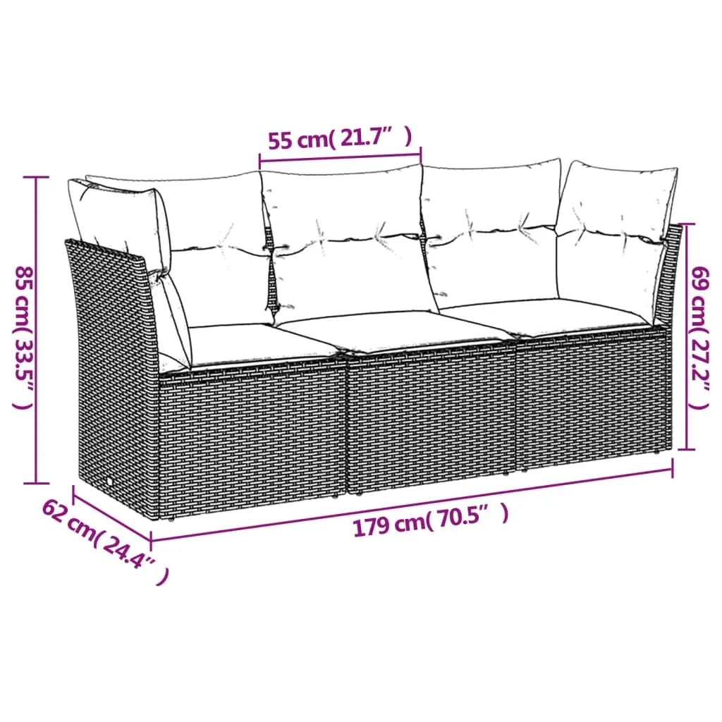 Outdoor Garden Sofa Set 3 Piece Grey Poly Rattan Lounge with Cushions Patio