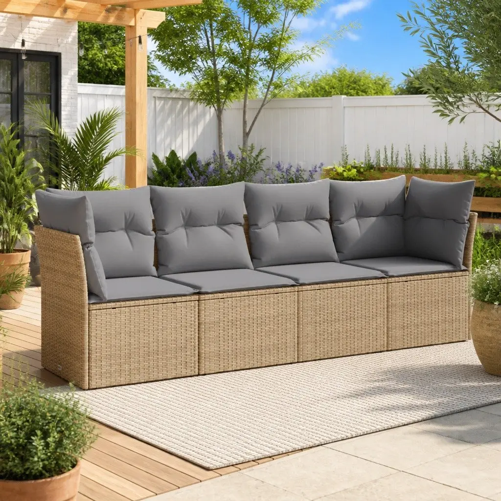 Outdoor Garden Sofa Set 4 Piece Beige Poly Rattan Patio Furniture with Cushions