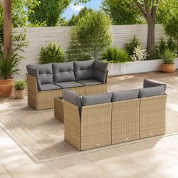 7 Piece Outdoor Garden Sofa Set with Cushions Beige Poly Rattan Patio Furniture