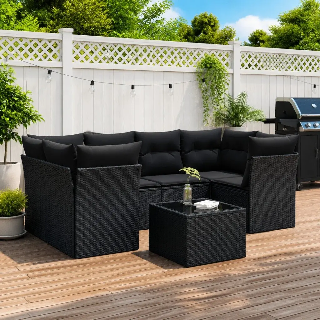 7 Piece Garden Sofa Set Outdoor Patio Furniture Cushions Black PE Rattan Tempered Glass