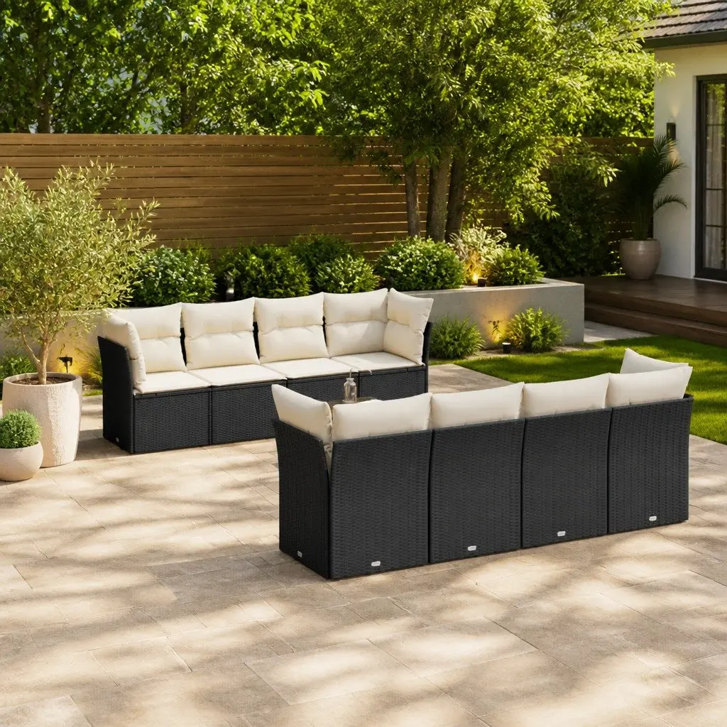 Garden Sofa Set 9 Piece Outdoor Furniture Black Poly Rattan with Cushions