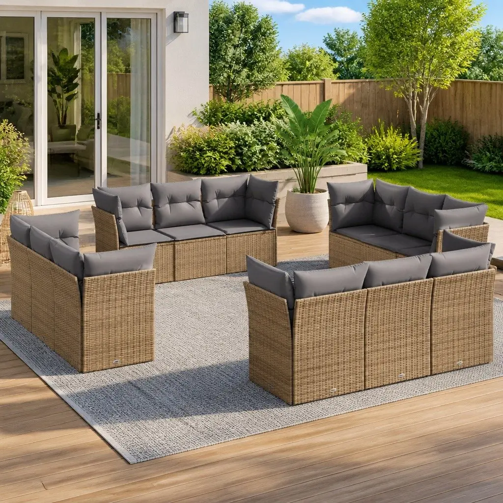 Garden Sofa Set 12 Piece Outdoor Furniture Beige Poly Rattan Modular