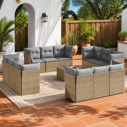 Outdoor Garden Sofa Set 13 Piece Beige Poly Rattan Patio Furniture with Cushions