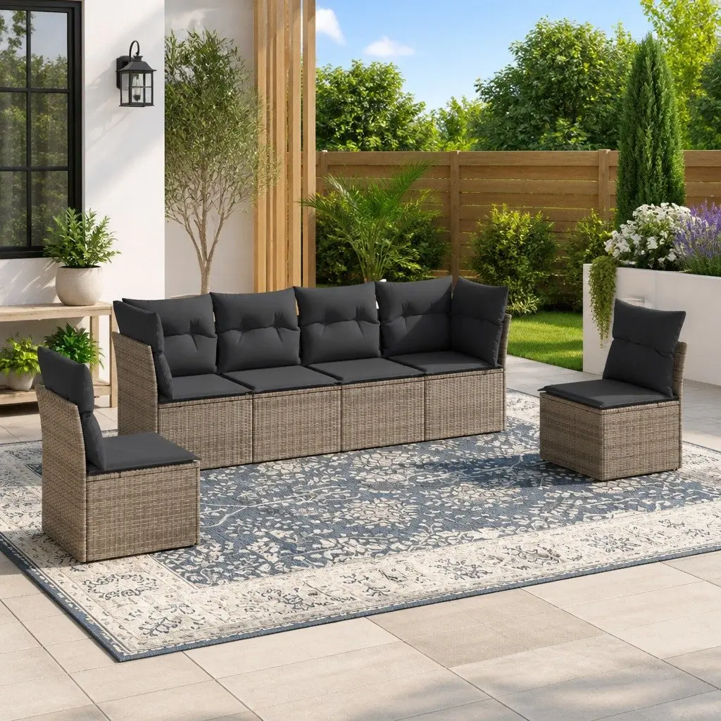 Garden Sofa Set 6 Piece Outdoor Furniture Grey Poly Rattan Padded Cushions