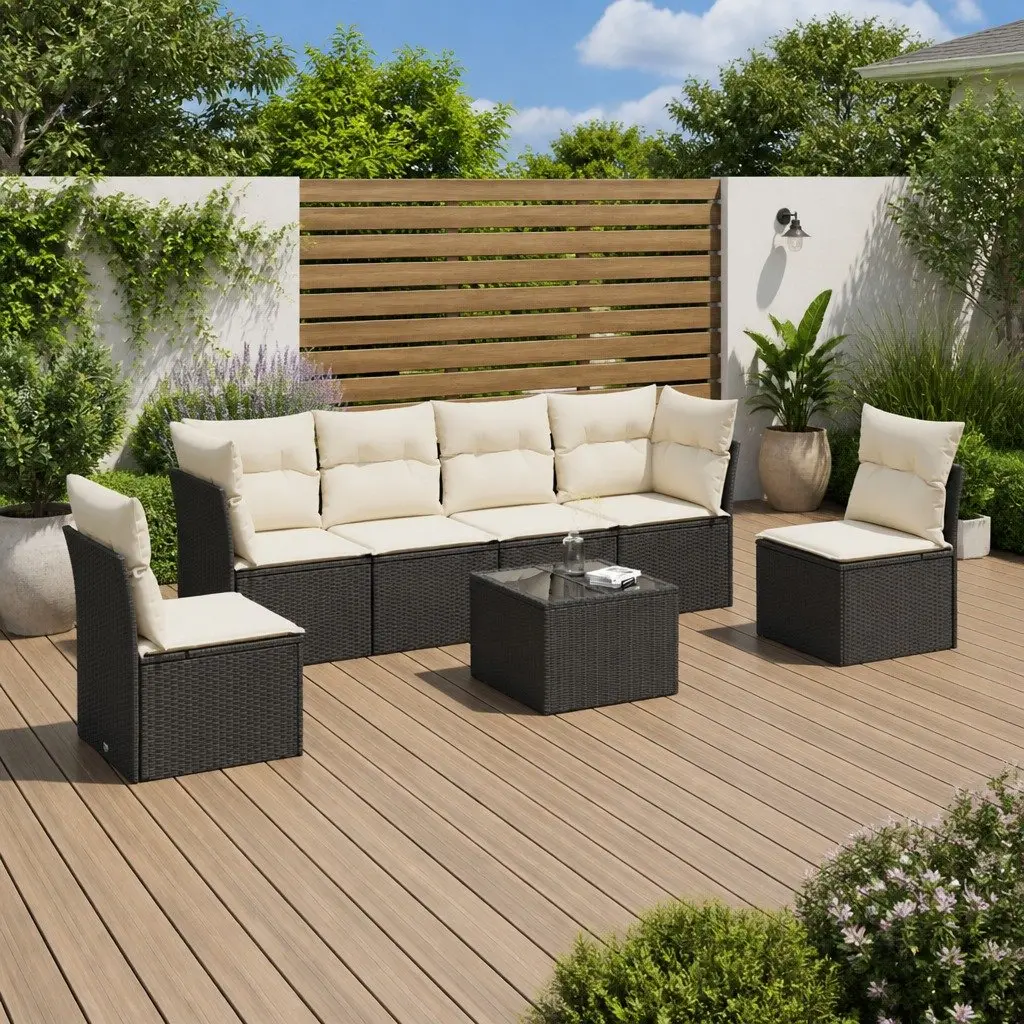 Garden Sofa Set 7 Piece Outdoor Furniture Black PE Rattan with Cushions
