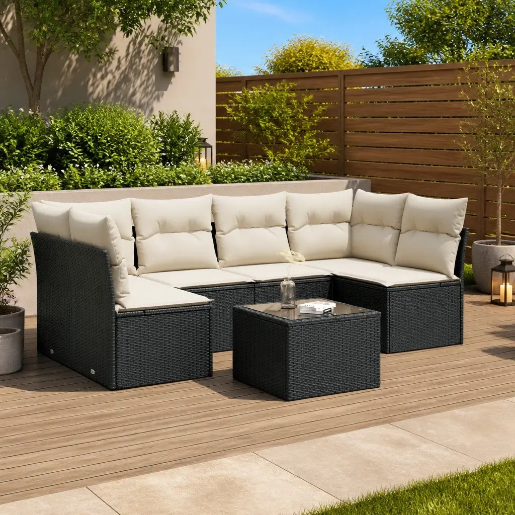 7 Piece Garden Sofa Set Outdoor Seating Cushions Black Poly Rattan