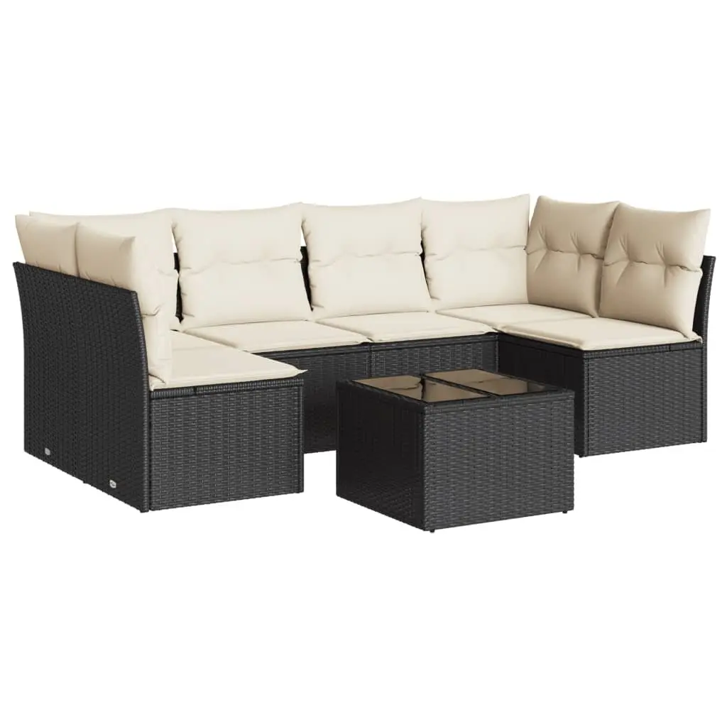 7 Piece Garden Sofa Set Outdoor Seating Cushions Black Poly Rattan