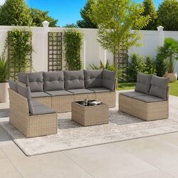 Outdoor Garden Sofa Set 9 Piece Beige Poly Rattan Patio Furniture with Cushions