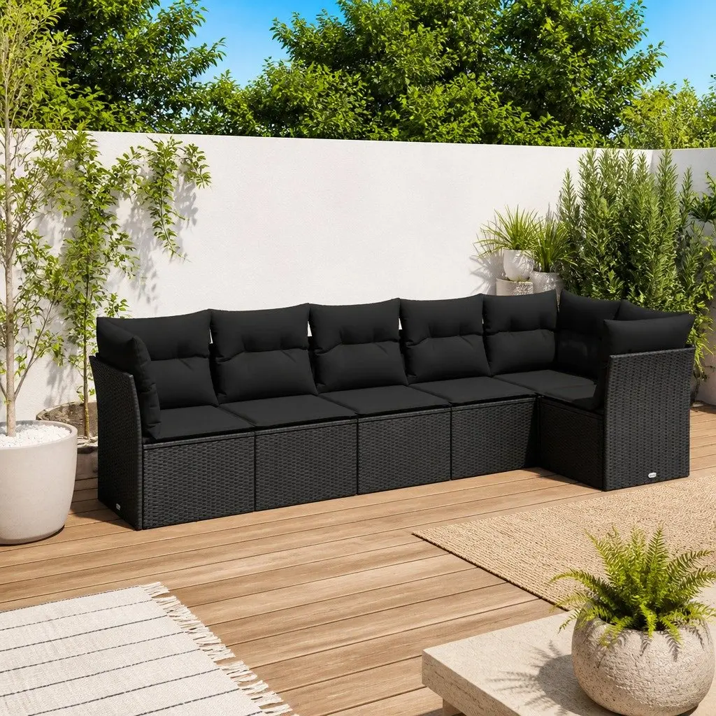 6 Piece Garden Sofa Set Modular Outdoor Furniture Black PE Rattan with Cushions