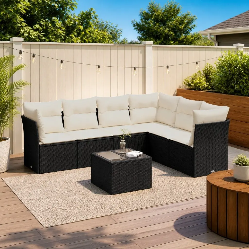 7 Piece Outdoor Garden Sofa Set Black Poly Rattan Patio Furniture