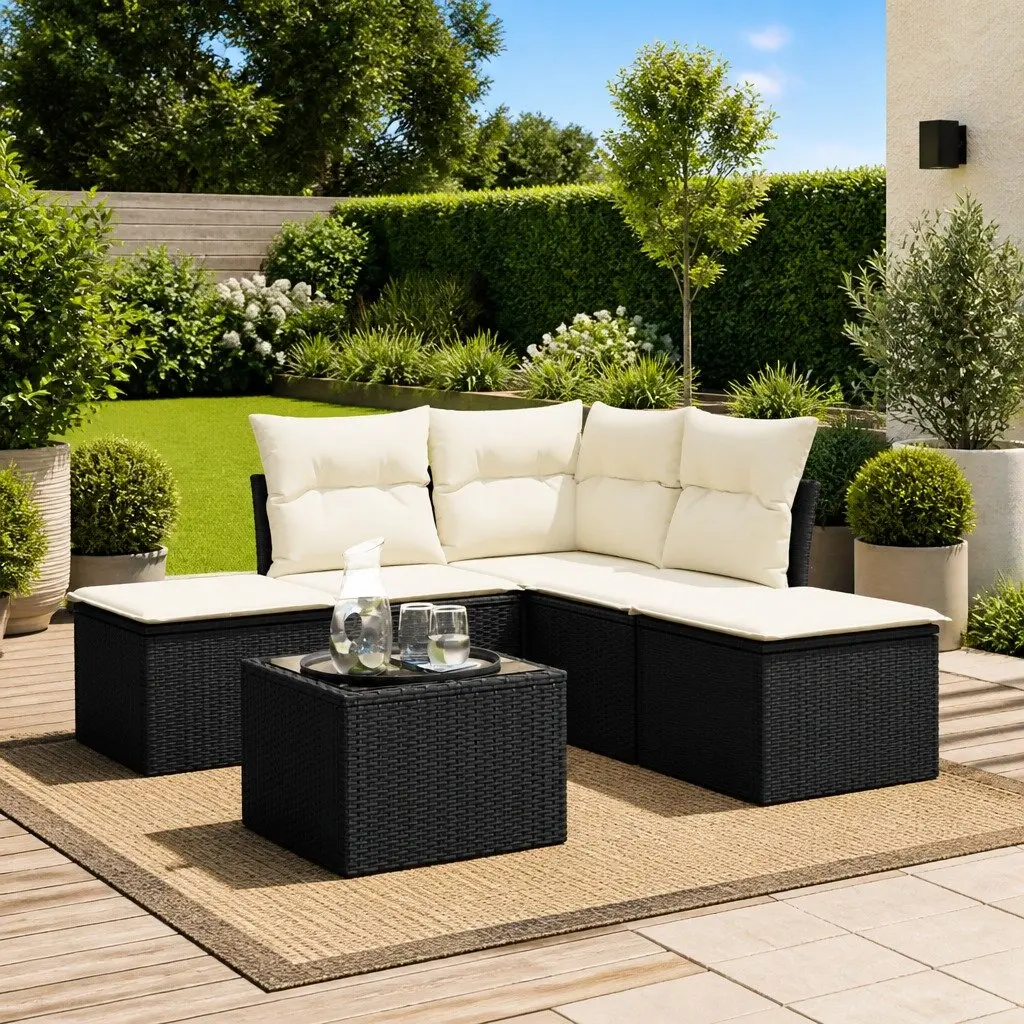 Garden Sofa Set 6 Piece Outdoor Furniture Black Poly Rattan with Cushions