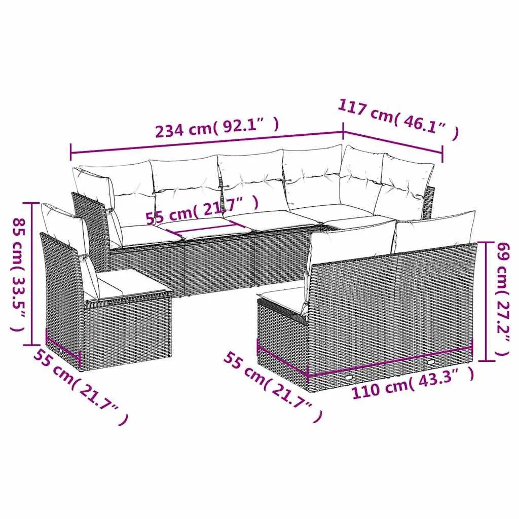 Outdoor Sofa Set 8 Piece Modular Furniture Black Poly Rattan Patio
