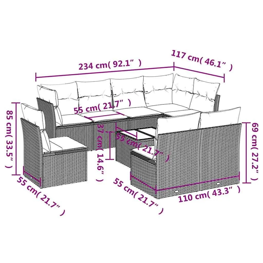 Garden Sofa Set 9 Piece Outdoor Furniture Black Poly Rattan Patio Seating with