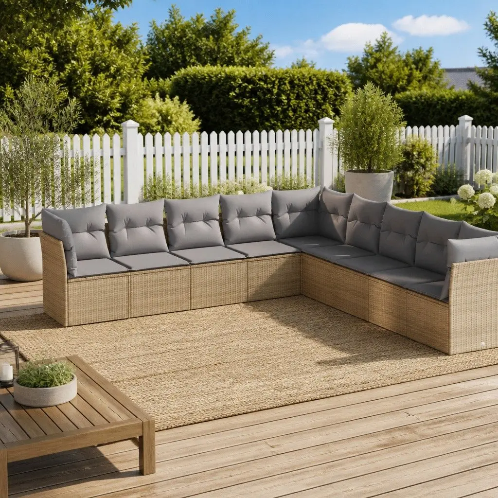 Garden Sofa Set 9 Piece Outdoor Furniture Modular Beige Cushions