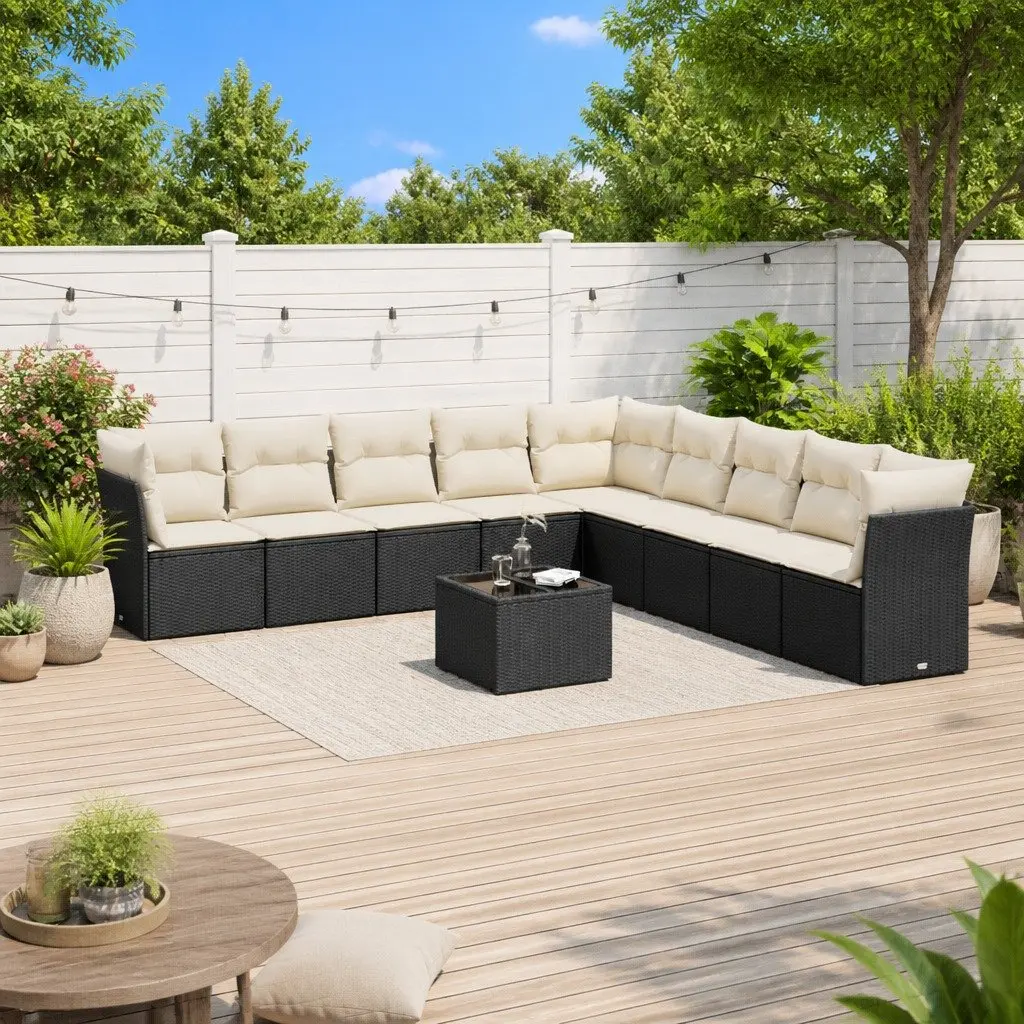 Garden Sofa Set 10 Piece Outdoor Furniture Black Poly Rattan Cushions