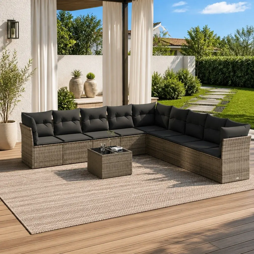 Garden Sofa Set 10 Piece Outdoor Furniture Grey Poly Rattan with Cushions