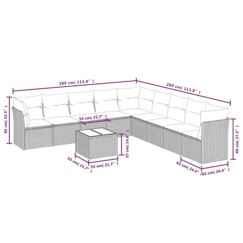 Garden Sofa Set 10 Piece Outdoor Furniture Grey Poly Rattan with Cushions
