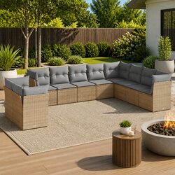 10-Piece Beige Rattan Garden Sofa Set with Cushions