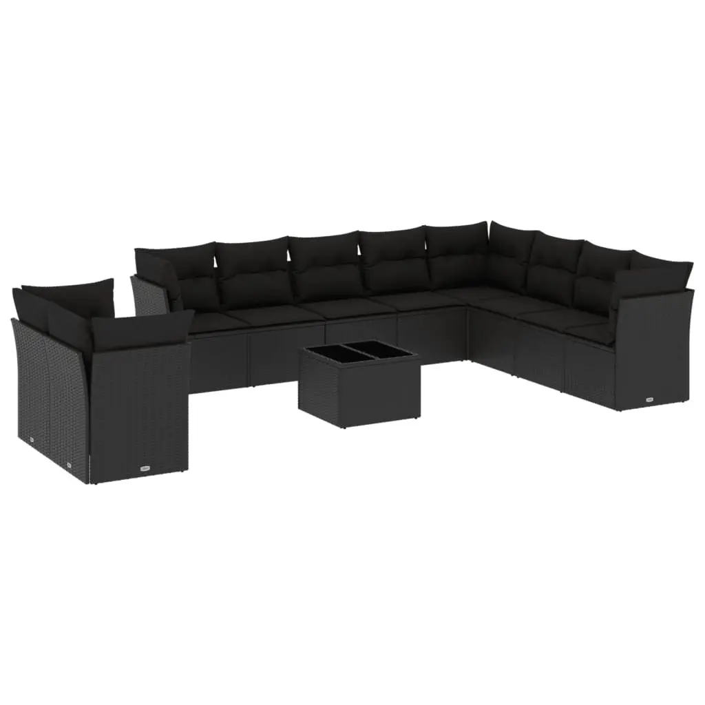 Outdoor Garden Sofa Set 11 Piece Black Poly Rattan Patio Furniture with Cushions