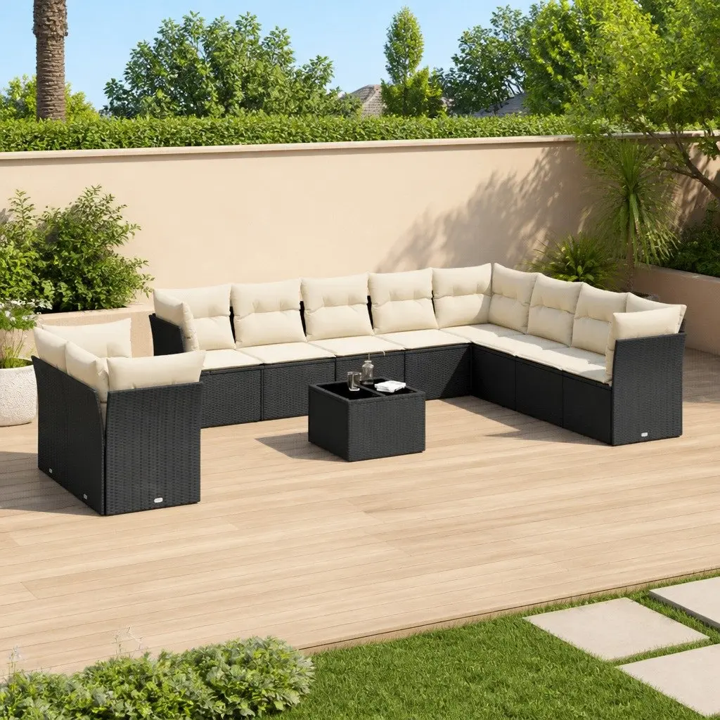 Garden Sofa Set 11 Piece Outdoor Furniture Patio Black Poly Rattan with Cushions