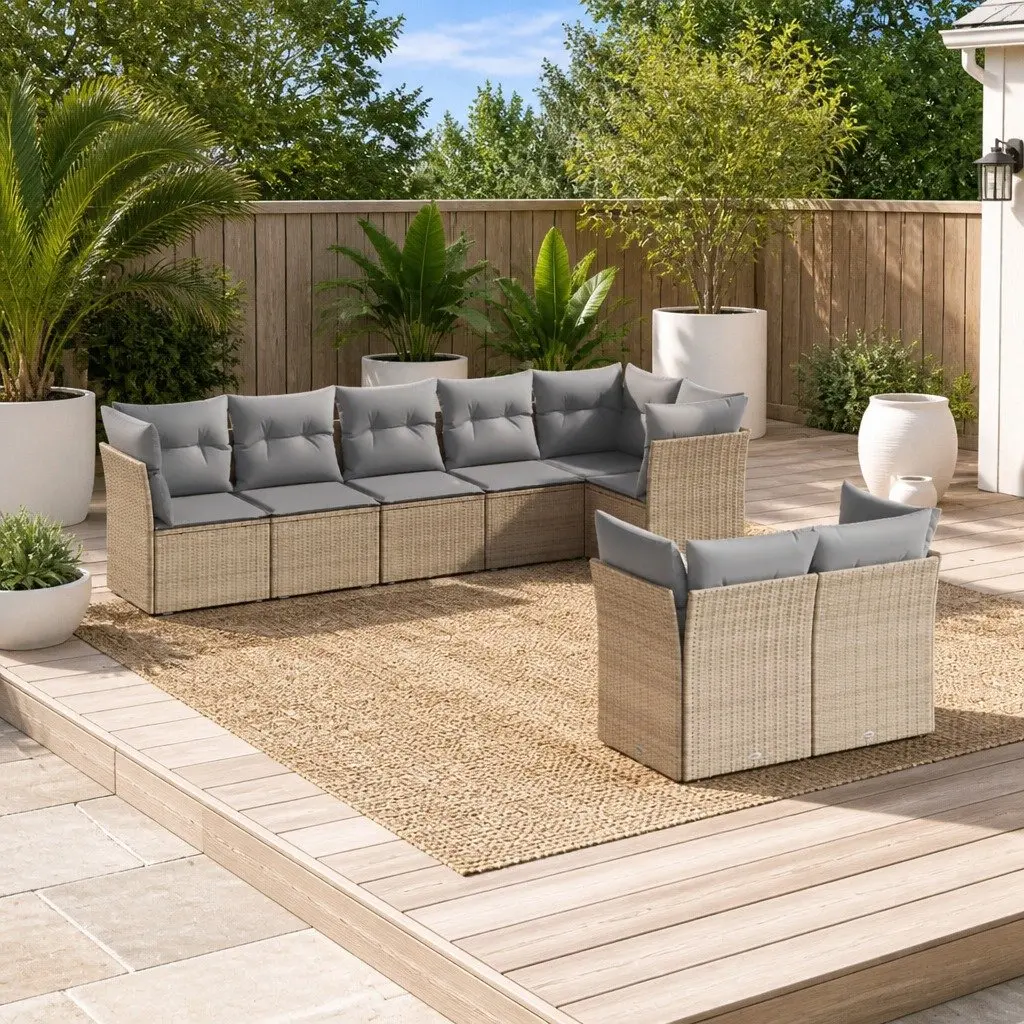 Garden Sofa Set 8 Piece Outdoor Furniture Modular Patio Beige Poly Rattan with Cushions