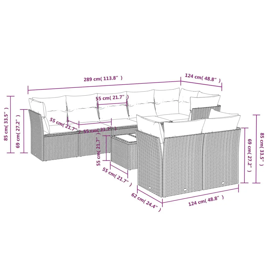 Garden Sofa Set 9 Piece Outdoor Relaxation Grey Poly Rattan with Cushions