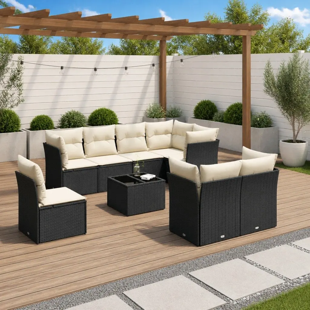 9 Piece Outdoor Garden Sofa Set Black Poly Rattan with Cushions